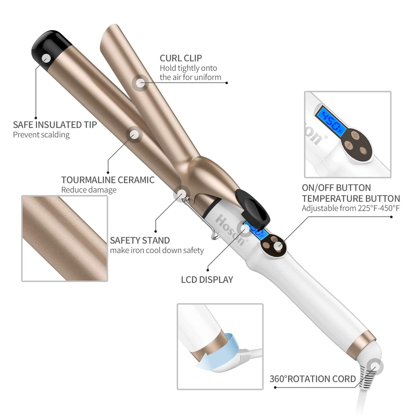 Hoson 1 Inch Curling Iron Professional Ceramic Tourmaline Coating Barrel Hair Curler, LCD Dispaly with 9 Heat Setting(225°F to 450°F for All Hair Types, Glove Include)