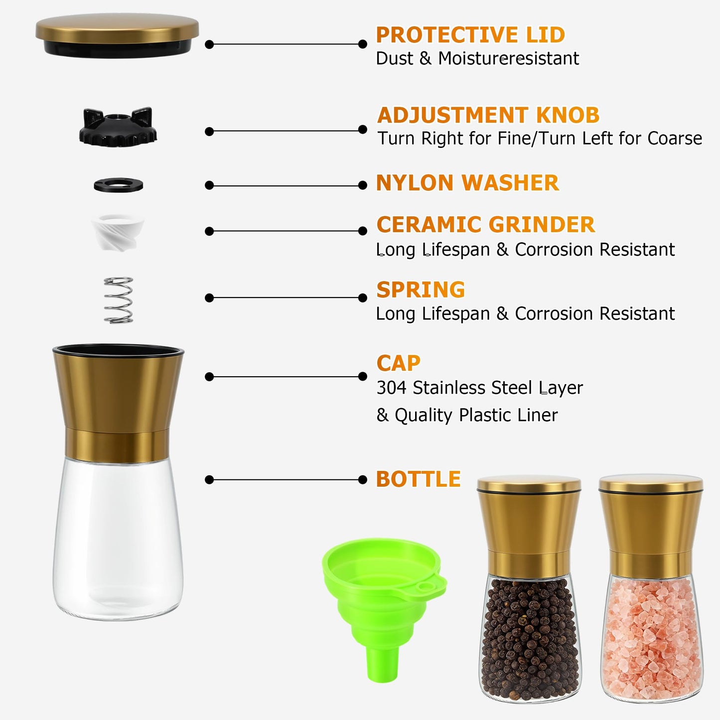 R DRURLCD Short Manual Gold Salt and Pepper Grinder Set of 2 with Funnel, Adjustable Coarseness Shiny Gold Cap Sea Salt Pepper Mill Refillable with Magnetic Lid, Kitchen Decoration Gift