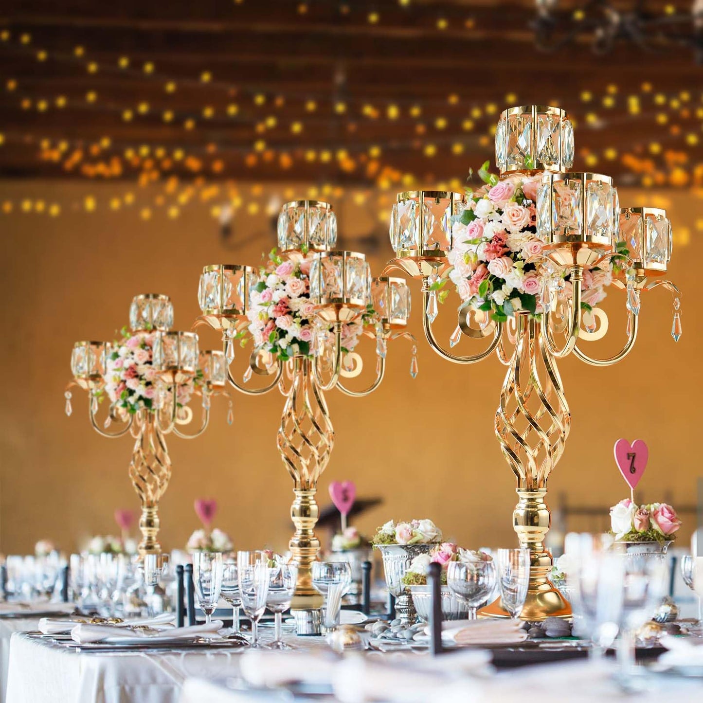 23.2 inch Tall Elegant and Chic 5 Arm Pendant Crystal Candlestick Holder Table Decoration tealight Candle Holder, Candelabra for Gorgeous Wedding/Parties Table Centerpiece (1, Gold)