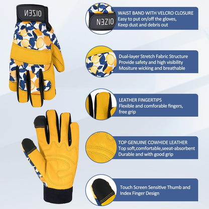 Cowhide Leather Thorn Proof & Puncture Resistant Gardening Gloves for Women and Men, Touchscreen Compatible Working Gloves for Weeding, Digging, Planting, Gardening Gifts for Women (Yellow, 1 pair, M)