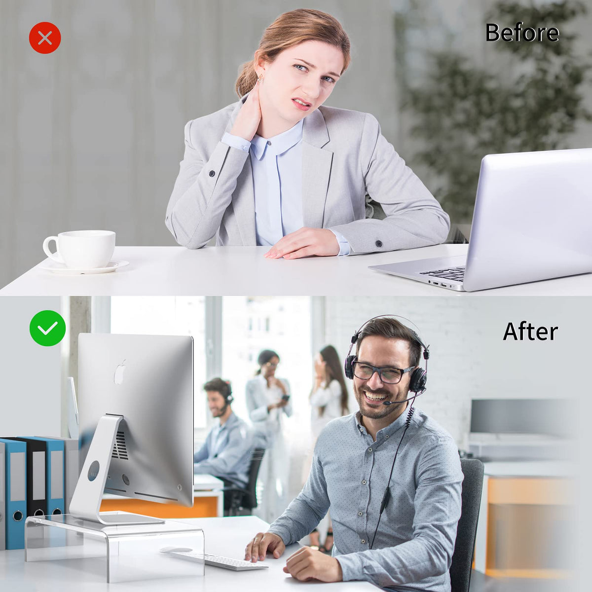 Beimu Acrylic Monitor & Laptop Stand Riser - Clear Computer & Laptop Stand for Desk - Compatible with iMac, MacBook & All Notebooks - White Aesthetic Decoration for Office & Home