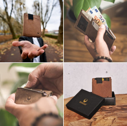DONBOLSO Wallet 2 I Slim Wallet with Coin Pocket and RFID Protection I 8 Card Slots for up to 12 Cards I I Genuine Leather Credit Card Holder for Men and Women I Brown Vintage