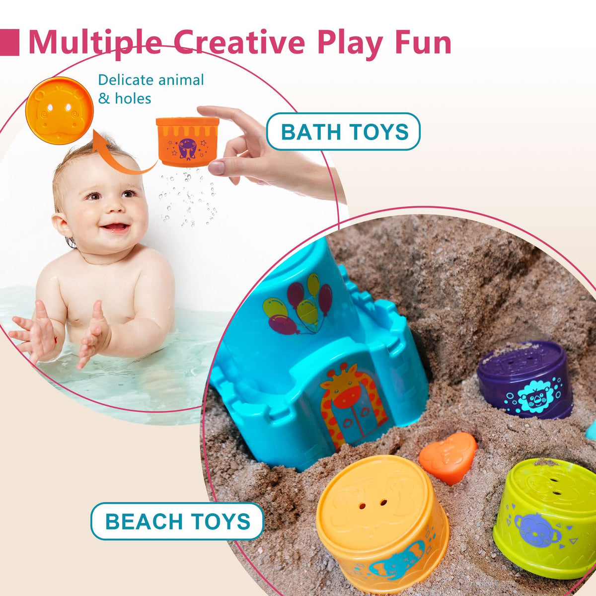 LTKFFFdp Baby Stacking Toys for Toddlers 1-3, Nesting Cups Shape Sorter for Infant 6 to 12-18 Month, Stackable Learning Toy with Blocks, Rattle & Frog Bath Toy, for Girl Boy Birthday