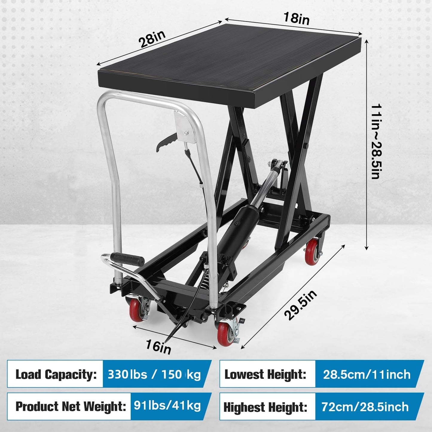 Hydraulic Lift Table Cart, 330lbs Capacity 28.5 in Lifting Height Hydraulic Table Cart, Single Scissor Lift with Non-Slip Pad for Material Handling and Transportation, Black
