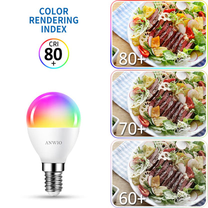 ANWIO E14 Smart Bulb,Alexa Light Bulbs,RGB Colour Changing Bulbs,Smart Life App Control,Bluetooth & WiFi Bulb,470LM, 5W Replace 40 Watt,Works with Alexa, Echo,Google Assistant (4 Pack)