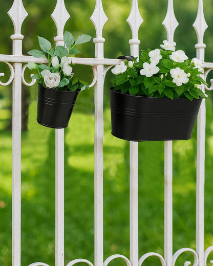 vensovo 10 Pcs Metal Railing Planters Set, 10.8" Oval & 3.9" Round Hanging Flower Pots with Detachable Hooks, Black Fence Planter Baskets for Outdoor Plants, Herbs & Succulents, Garden Decor