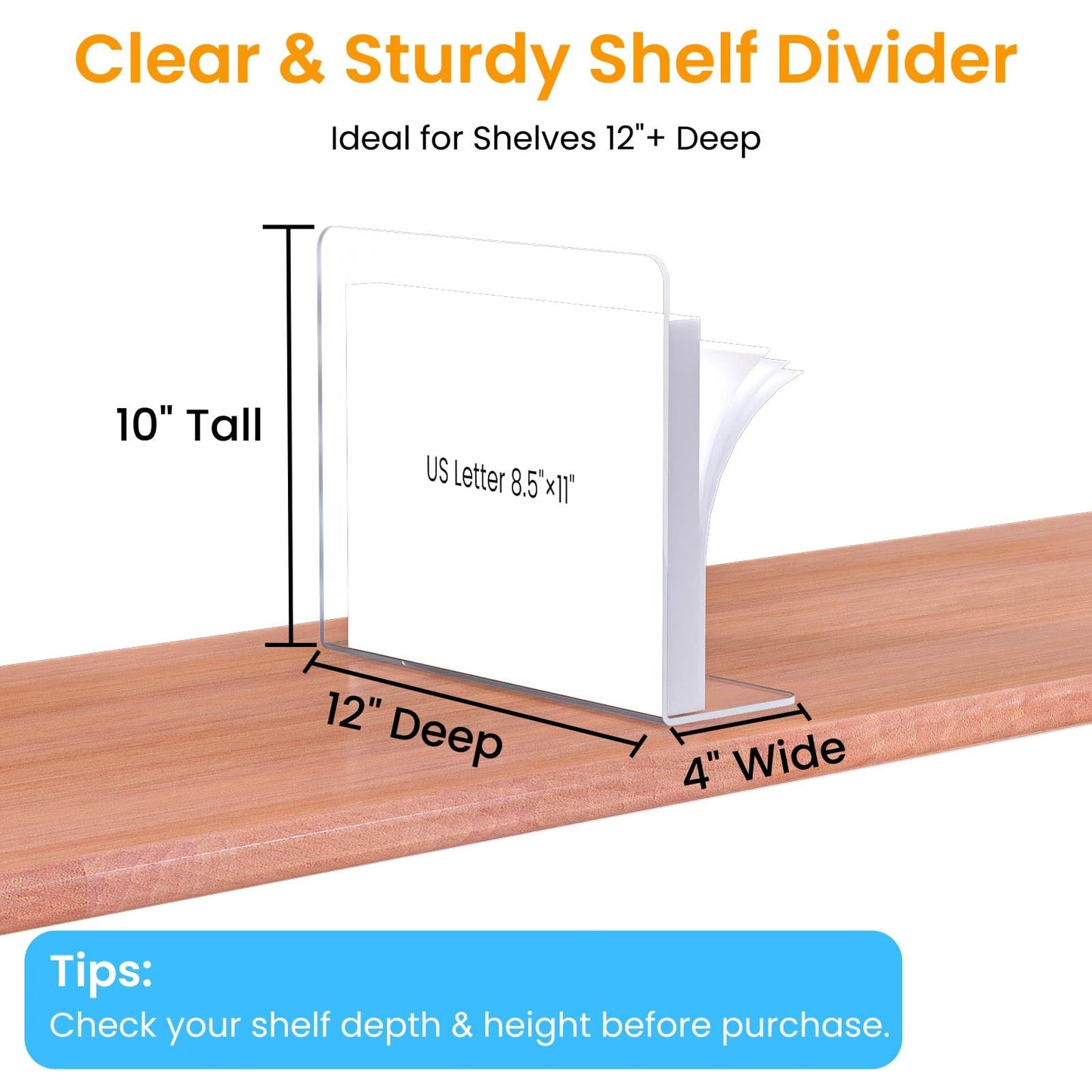 Hotbird Shelf Dividers for Closet Organization – Acrylic Clear Sturdy Dividers to Keep Clothes, Sweaters & Purses Upright, Free-Standing for Wood Shelves, 10" Tall x 12" Deep, 10 Pack