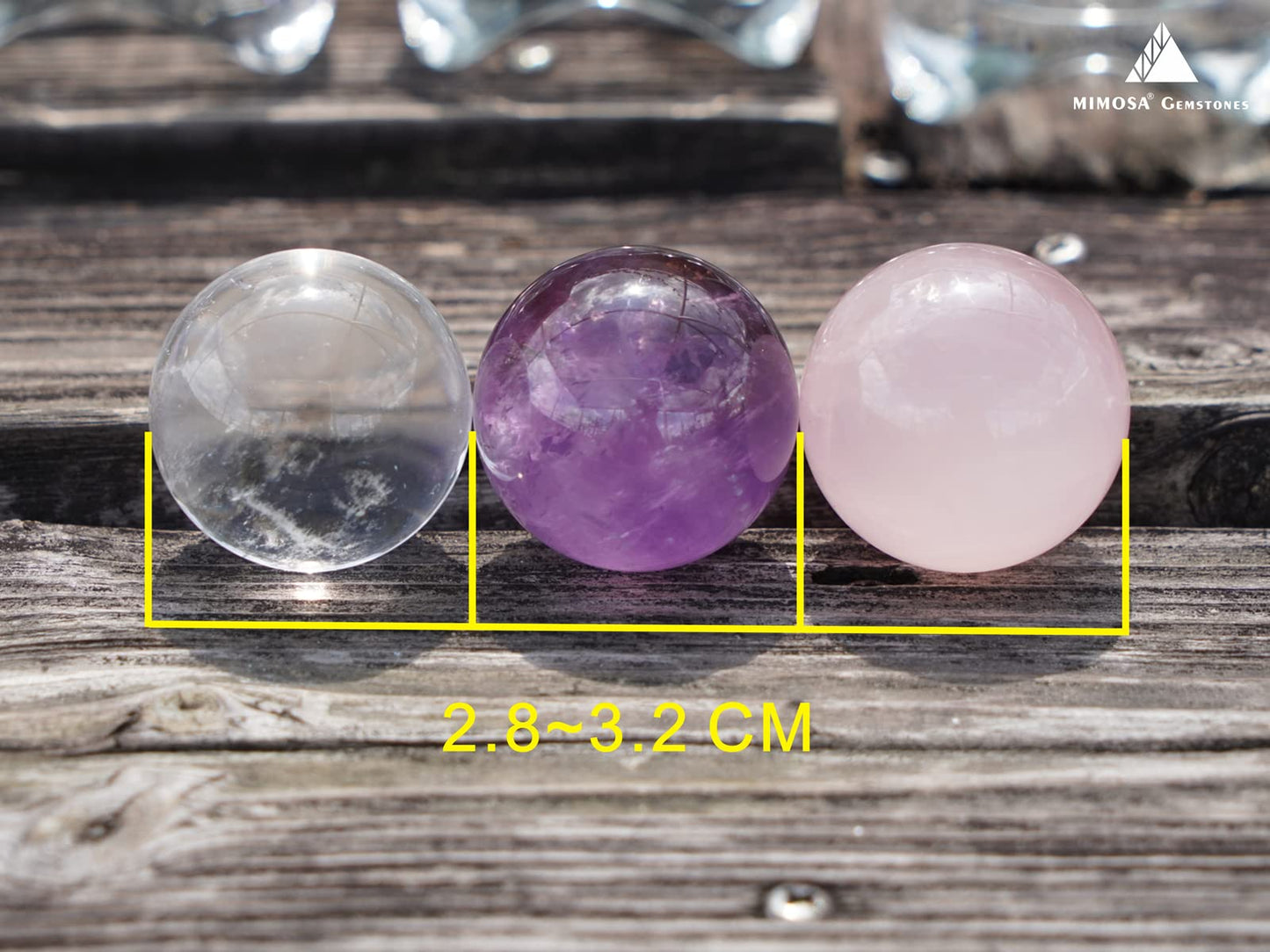 MIMOSA Crystal Spheres Set of 3,Amethyst/Rose Quartz/Clear Quartz