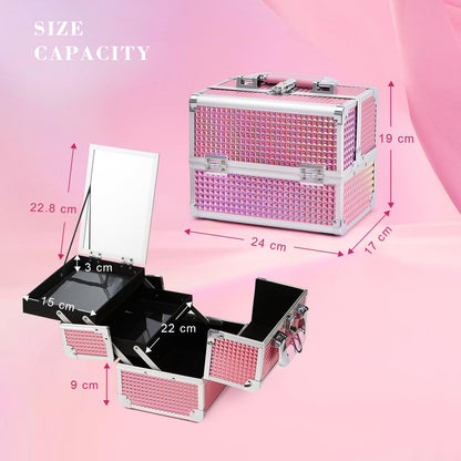 Joligrace Makeup Box Vanity Case Cosmetic Organiser Box Beauty Storage Train Case with Mirror, Lockable with Keys, Holographic Pink