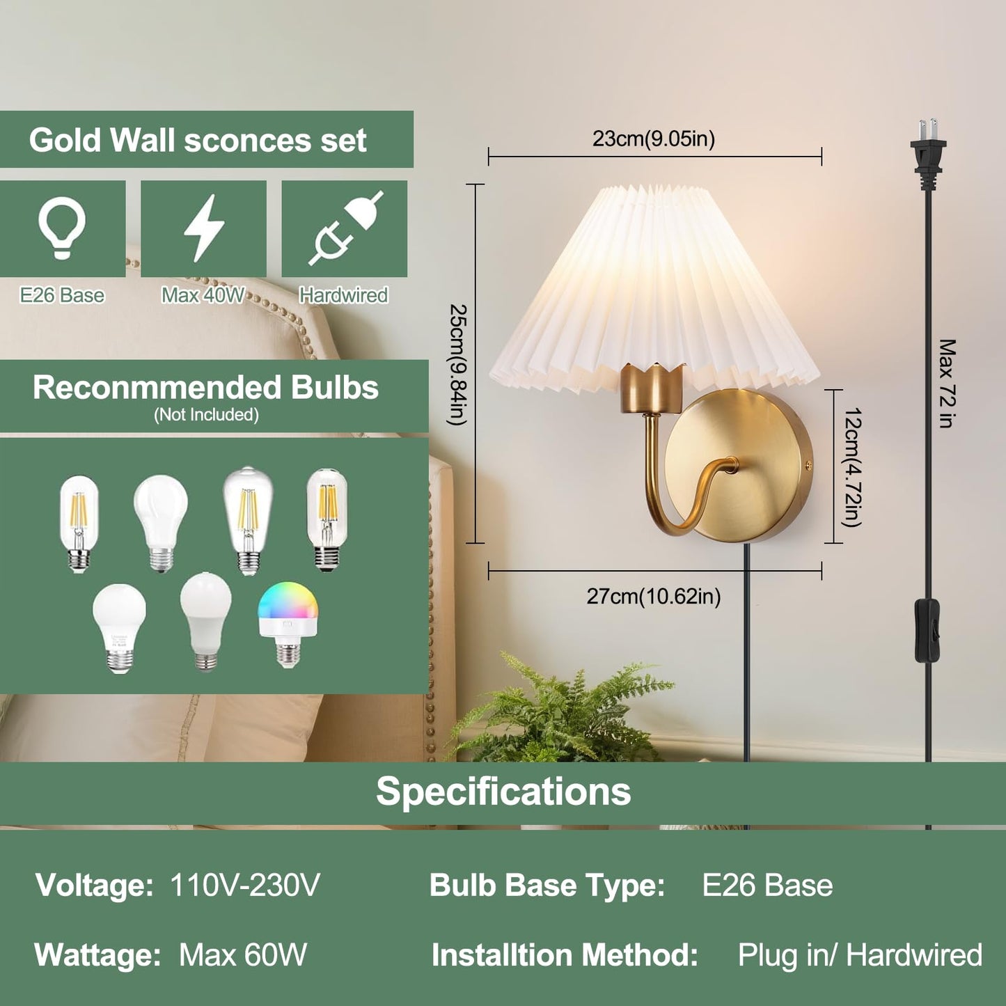 ADISUN Wall Sconces Sets of 2, Golden Plug in Wall Sconces with Switch for Dresser, Classic Cord Wall Lamp for Bedroom Living Room Bathroom Dining Room Corridor Staircase