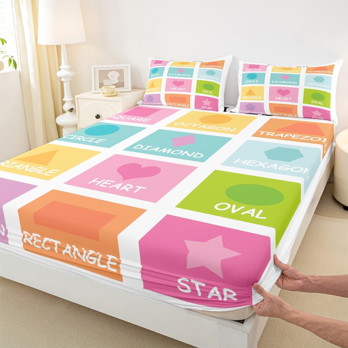 Feelyou Kids Shapes Fitted Sheet Twin Size, Educational Bed Sheet Set Boys Girls Preschool Bedding Set Learning Teens Bedroom Decor Lightweight Bed Set (No Flat Sheet)