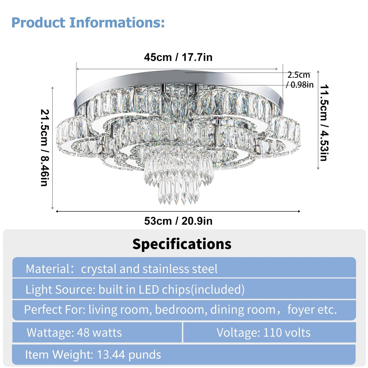 HongnuoFc 21 Inch Crystal Chandelier LED Flush Mount Ceiling Light Fixtures Luxury Chandeliers for Living Room Bathroom Bedroom Entrance Dining Room(Cool White)