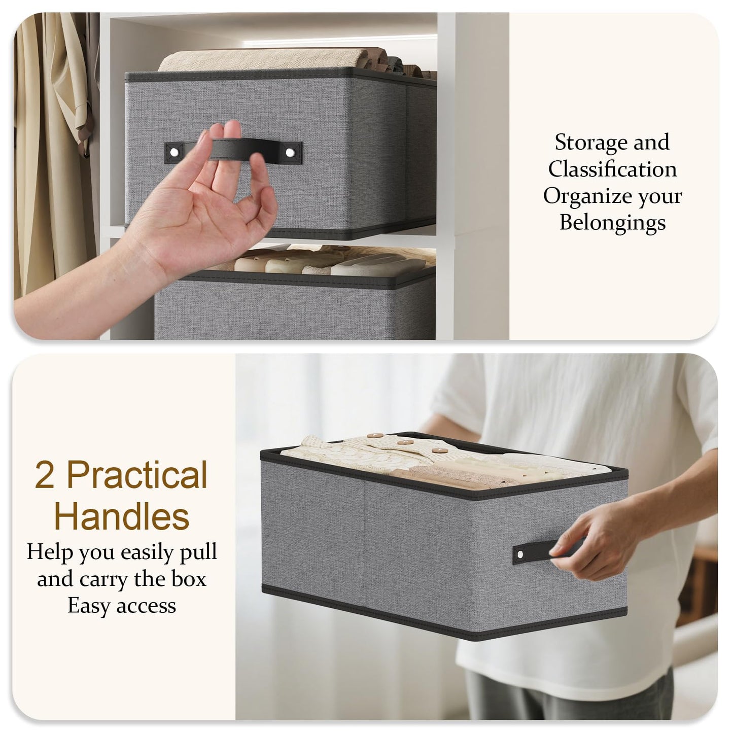 YheenLf Collapsible Storage Boxes, Open Foldable Baskets for Organizing with Handles, Fabric Containers Cubes for Wardrobe, Closet, Gray, 41×25×16.5 cm, 2-Pack