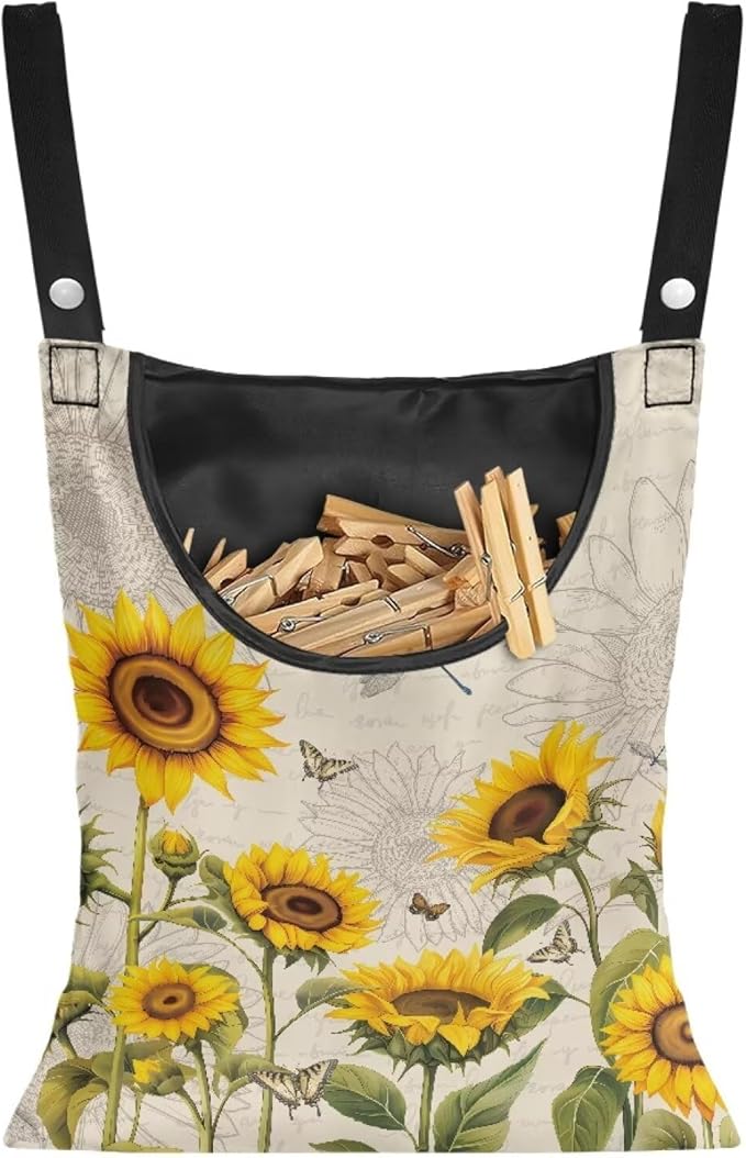 2 Pcs Sunflowers Print Clothespin Bag, Laundry Hanging Bag Fits Clothes Lines