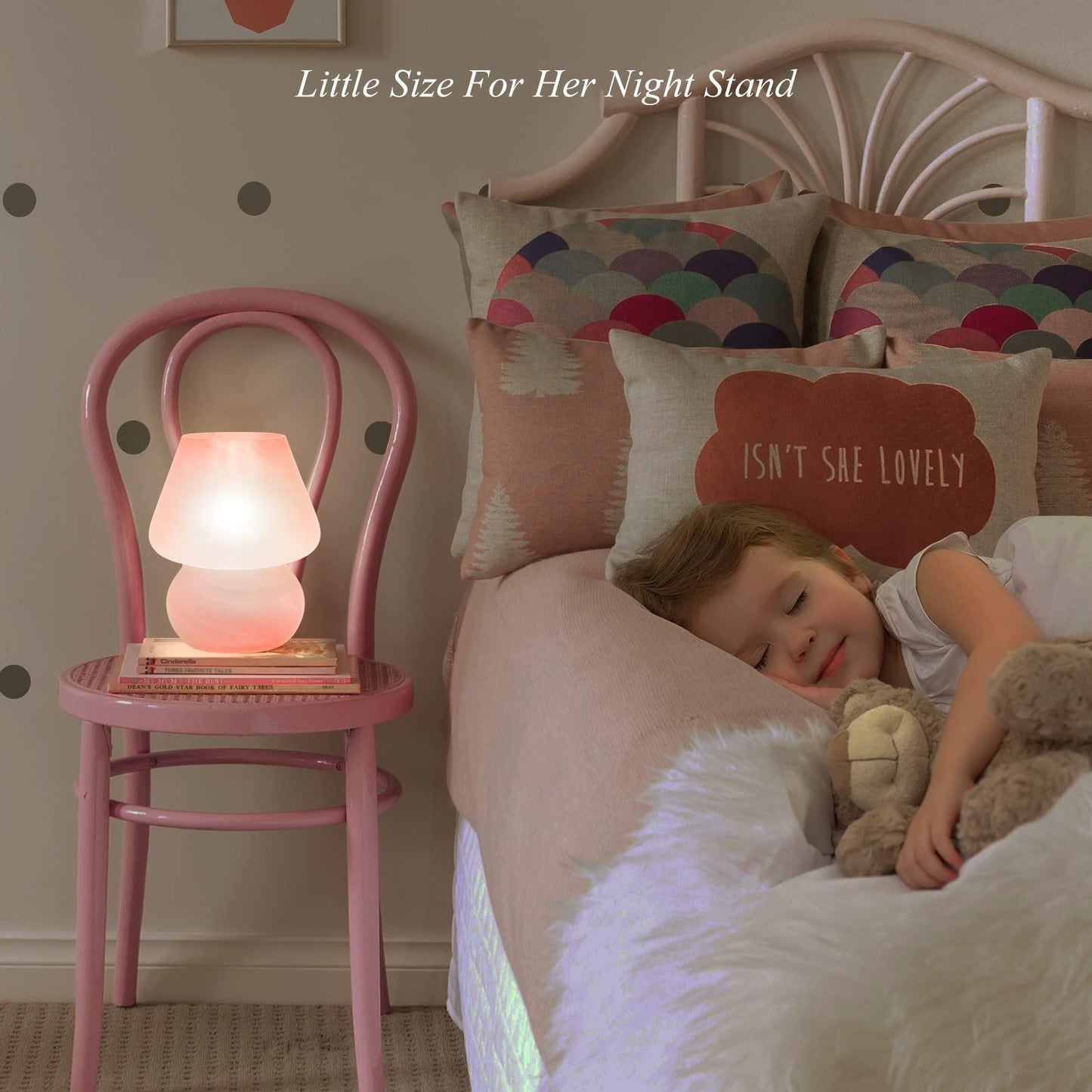 ONEWISH Mushroom Lamp Cute Table Lamp for Bedroom Nightstand Soft Light Pink, Small Glass Nightlight Stepless Dimmable Desk Lamp for Dining, Living, Nursery, Vanity, Home Decor Lamp for Girls Women