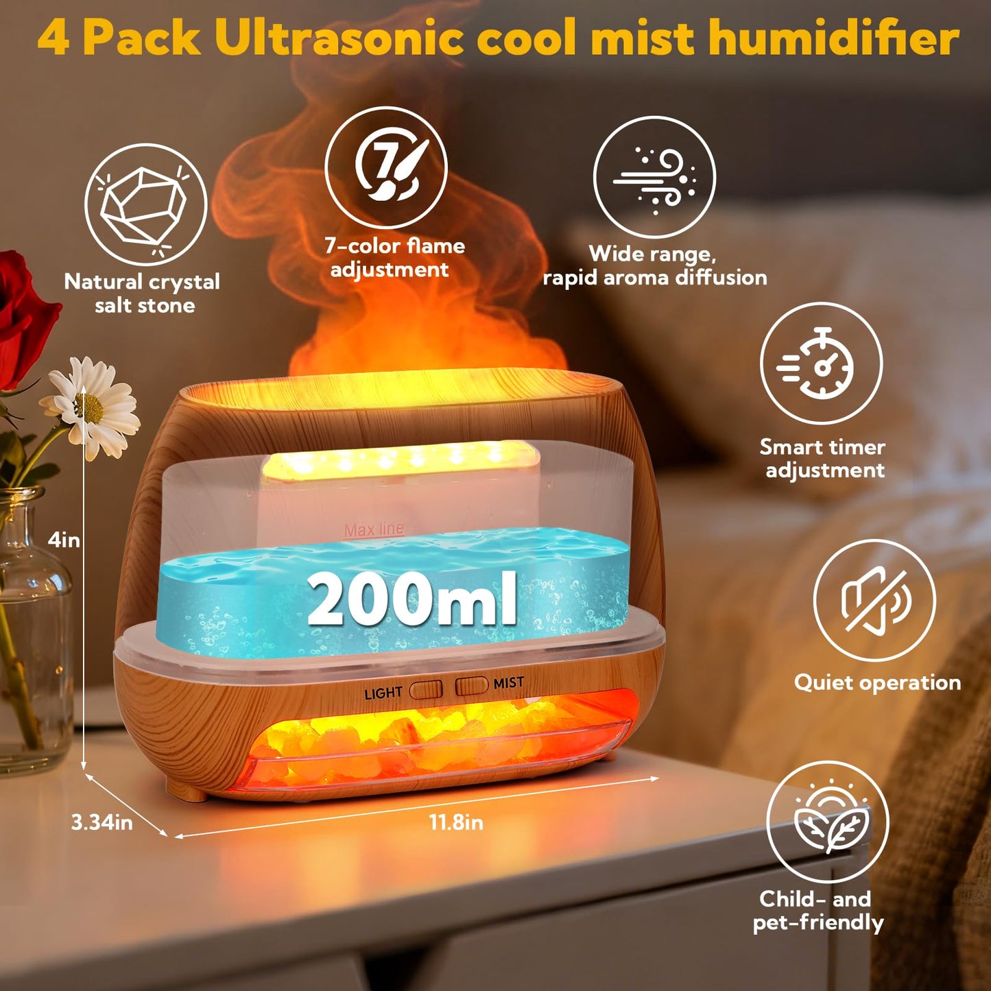 4 Pack Flame Diffuser Essential Oil Diffuser with Cool Mist Himalayan Salt Lamp 7 Colors LED Light 200ml Ultrasonic Aroma Diffusers for Bedroom Office Spa Yoga Room Gift,Wooden Grain