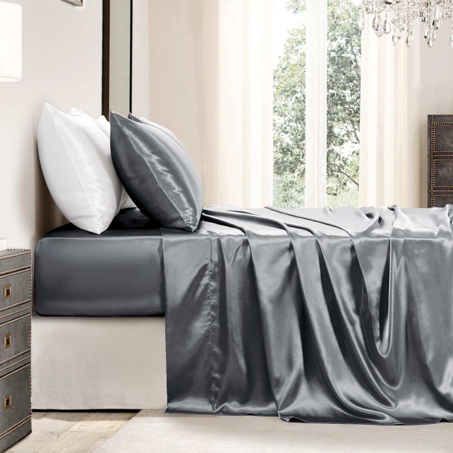 GOLAL Satin Sheets Full Size - 4 Pieces Luxury Silky Soft Bed Sheets, Wrinkle-Free Dark Grey Satin Silk Sheet Set with 1 Deep Pocket Fitted Sheet, 1 Flat Sheet, 2 Pillow Cases