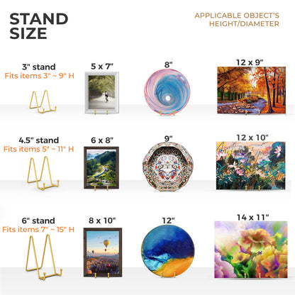 TR-LIFE 4 Pack 6 Inch Plate Stands for Display - Metal Easel Holder Stand for Picture Frame, Decorative Plate, Photo, Tabletop Art (Gold)