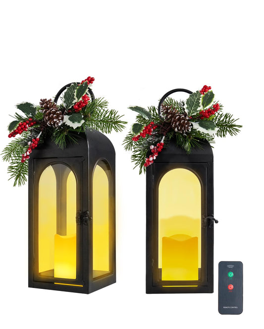 Bdor Lantern Decorative Candle Lantern 16 Inch Remote Vintage Set of 2 Decorations with Timer LED Metal Hanging Lantern for Home Outdoor Porch Decor Christmas Centerpieces Tables