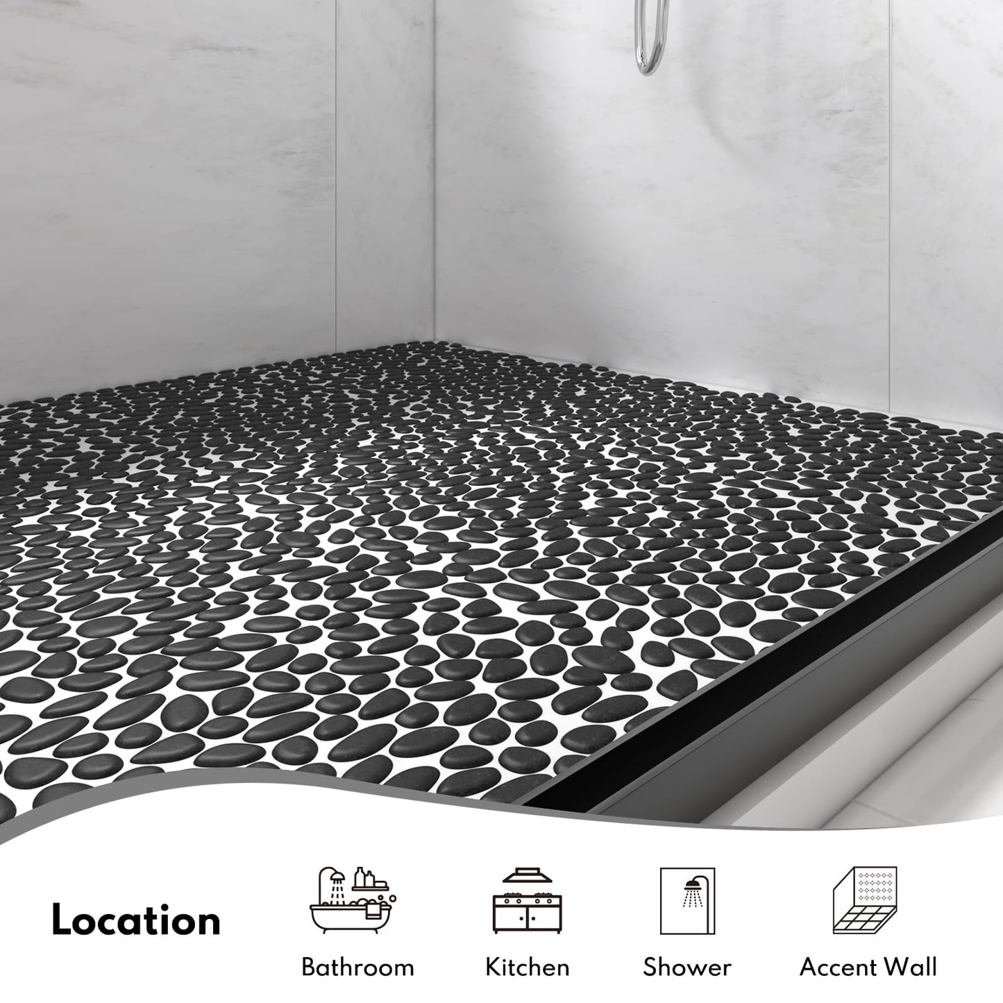 Lovdeco Pebble Tile Shower Floor, Pebble Mosaic Backsplash for Wall, Stone Tiles for Bathroom and Outdoor Garden, 5 Sheets, Black