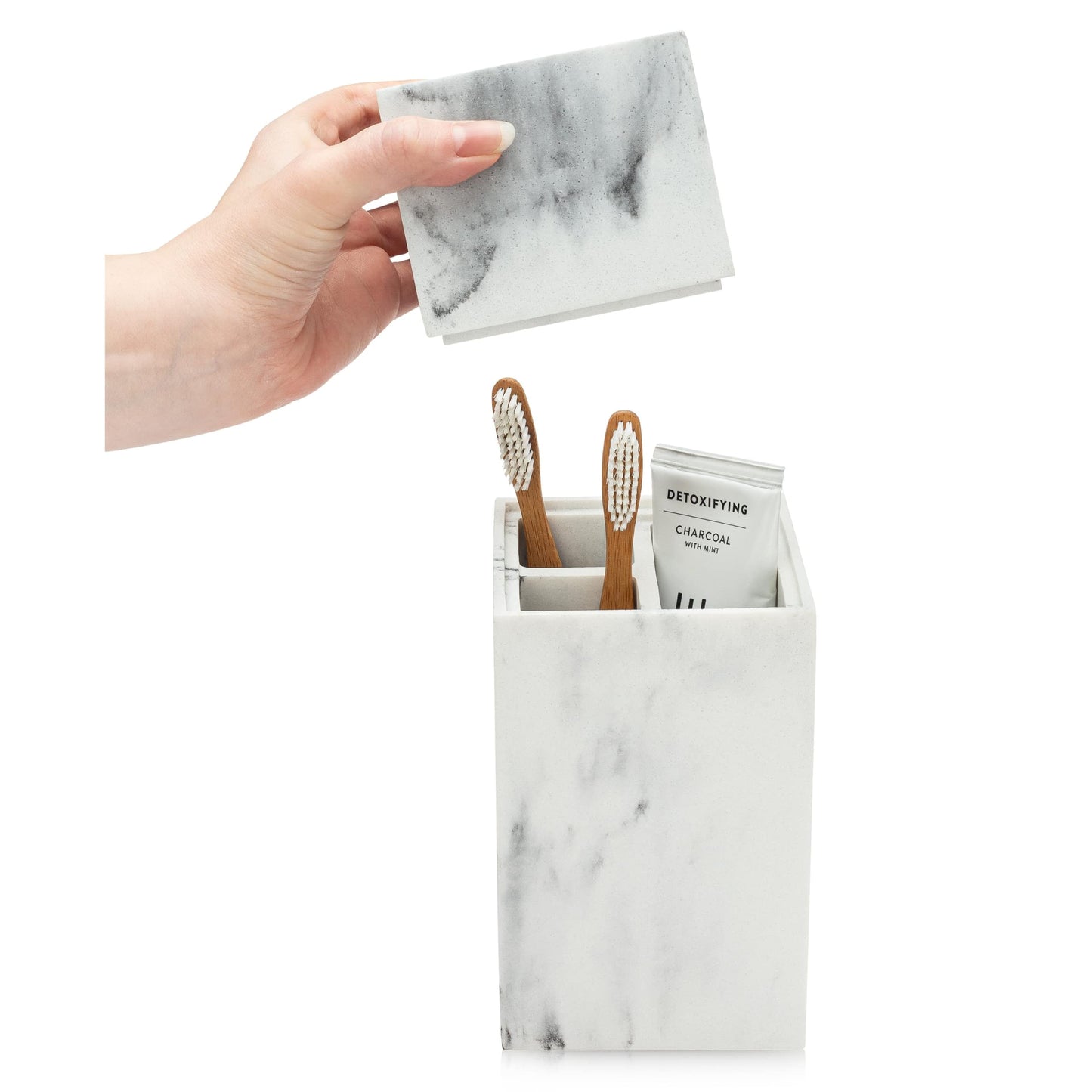 Essentra Home Toothbrush Holder with Lid, Elegant White Marble Bathroom Toothbrush & Toothpaste Organizer – Blanc Collection