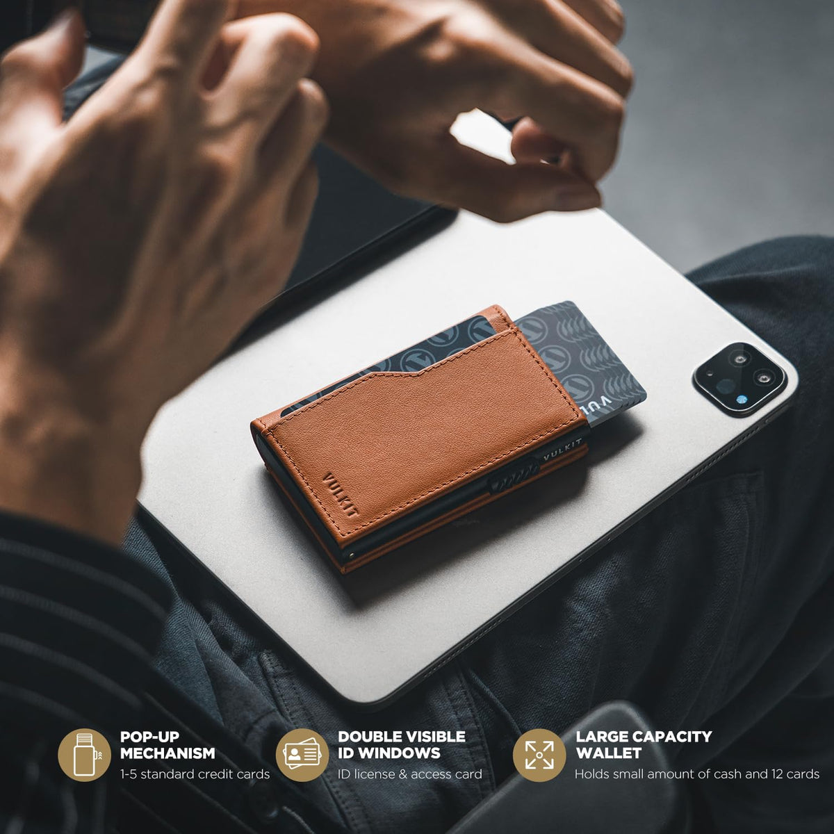 VULKIT Wallet for Men - Genuine Leather Pop Up Wallet RFID Blocking Credit Card Holder, Double ID Windows, Minimalist Design with Gift Box