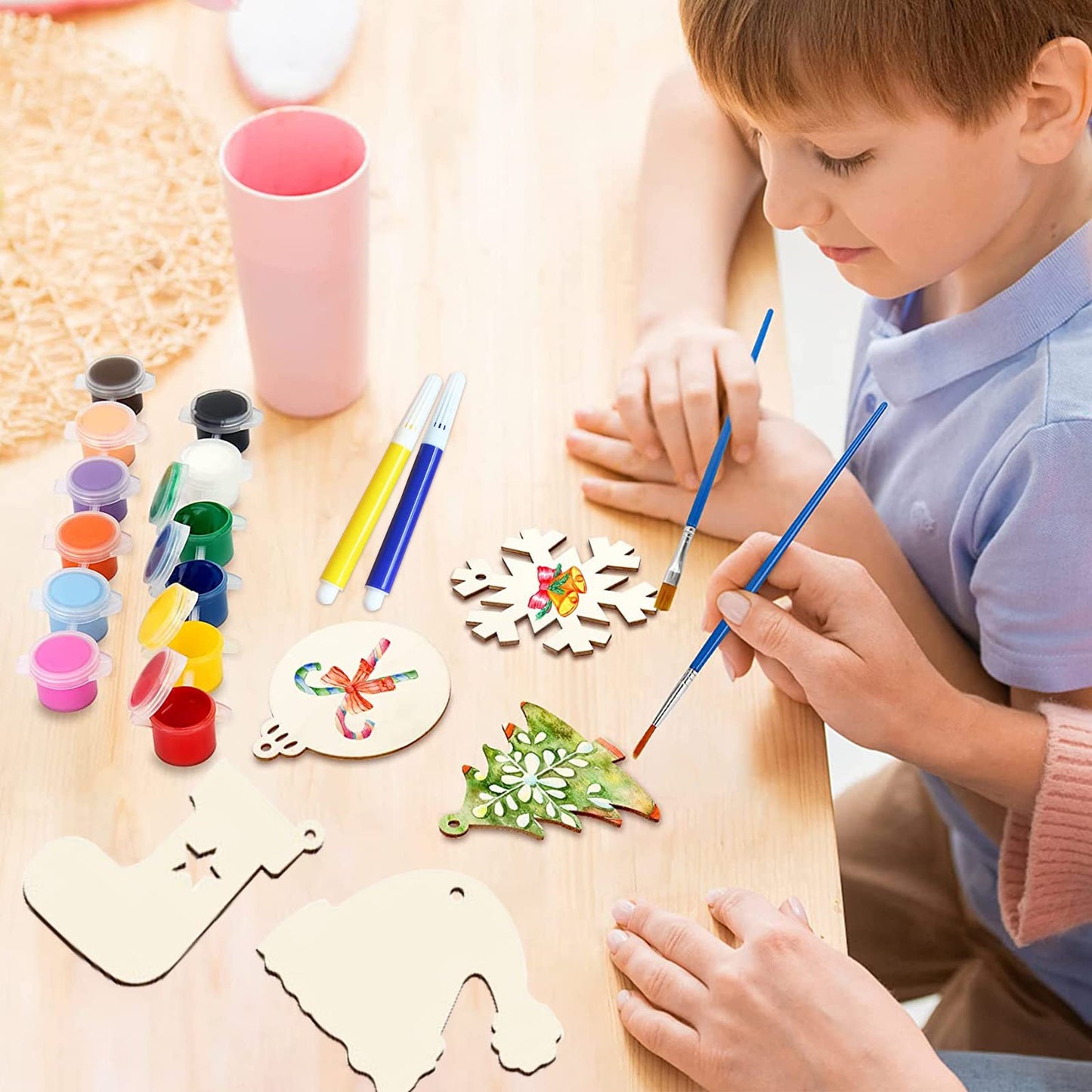 Collabell Christmas Wooden Painting Craft Kit, Paint Your Own Xmas Ornaments, Unfinished Wood Slices Christmas Crafts for Kids Adults, Art and Craft Supplies for Christmas Tree Hanging Decorations