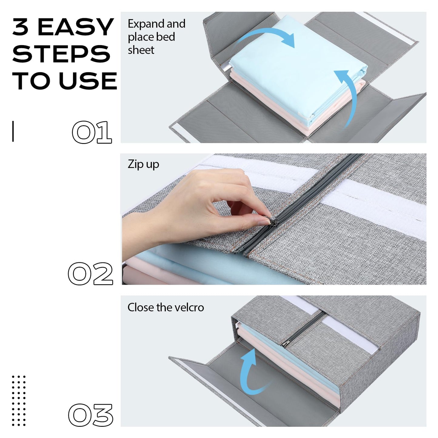 Yecaye 4 Pack Bed Sheet Organizer, Foldable Linen Closet Organizers and Storage (Queen & King Size) with Window & Label, Bedding Storage Box for Bedsheets, Duvet Covers and Pillow, Grey