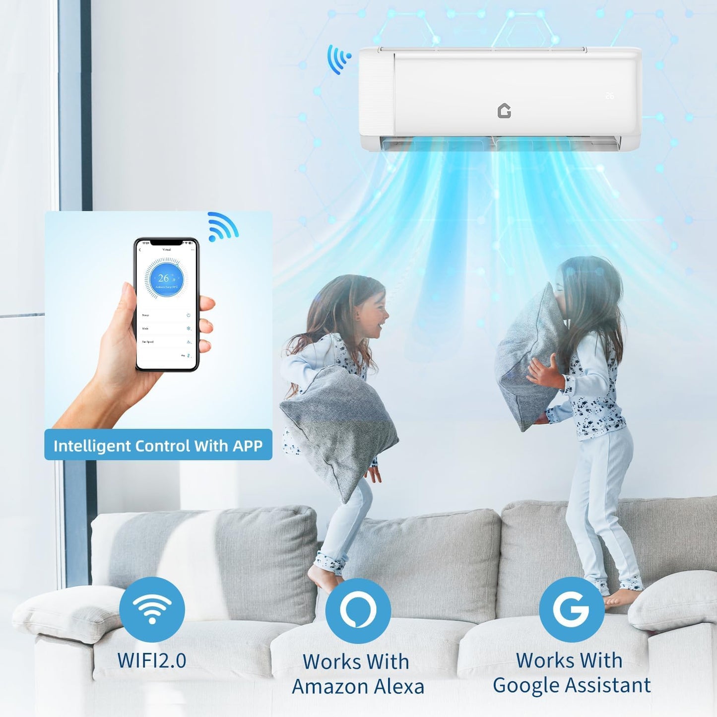 Smart Mini Split AC, 9000 BTU, 18.5 SEER2, WiFi, Alexa & Enabled, Inverter Ductless Air Conditioner with Heating, 5-in-1 Climate Modes, for 450 Sq.ft, Complete Install Kit