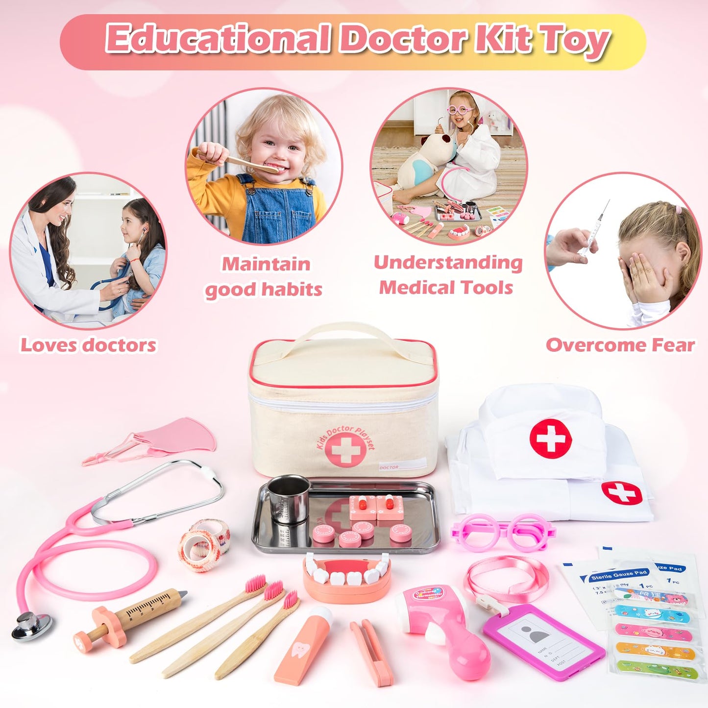 Tigerhu 32pcs Doctors Set for Kids, Kids Doctor Sets Wooden Dentist Tool Kit with Stethoscope, Doctor Roleplay Costume Dress-Up, Gifts for 3 4 5 6 Years Old Girls