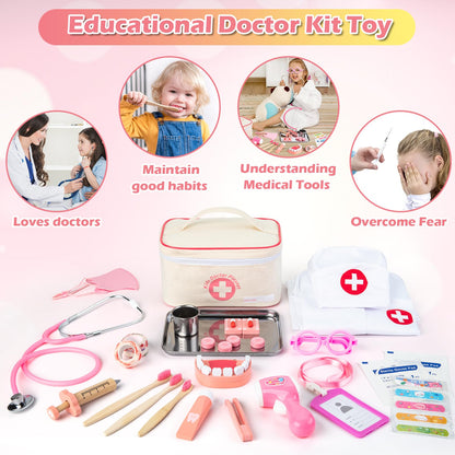 Tigerhu 32pcs Doctors Set for Kids, Kids Doctor Sets Wooden Dentist Tool Kit with Stethoscope, Doctor Roleplay Costume Dress-Up, Gifts for 3 4 5 6 Years Old Girls