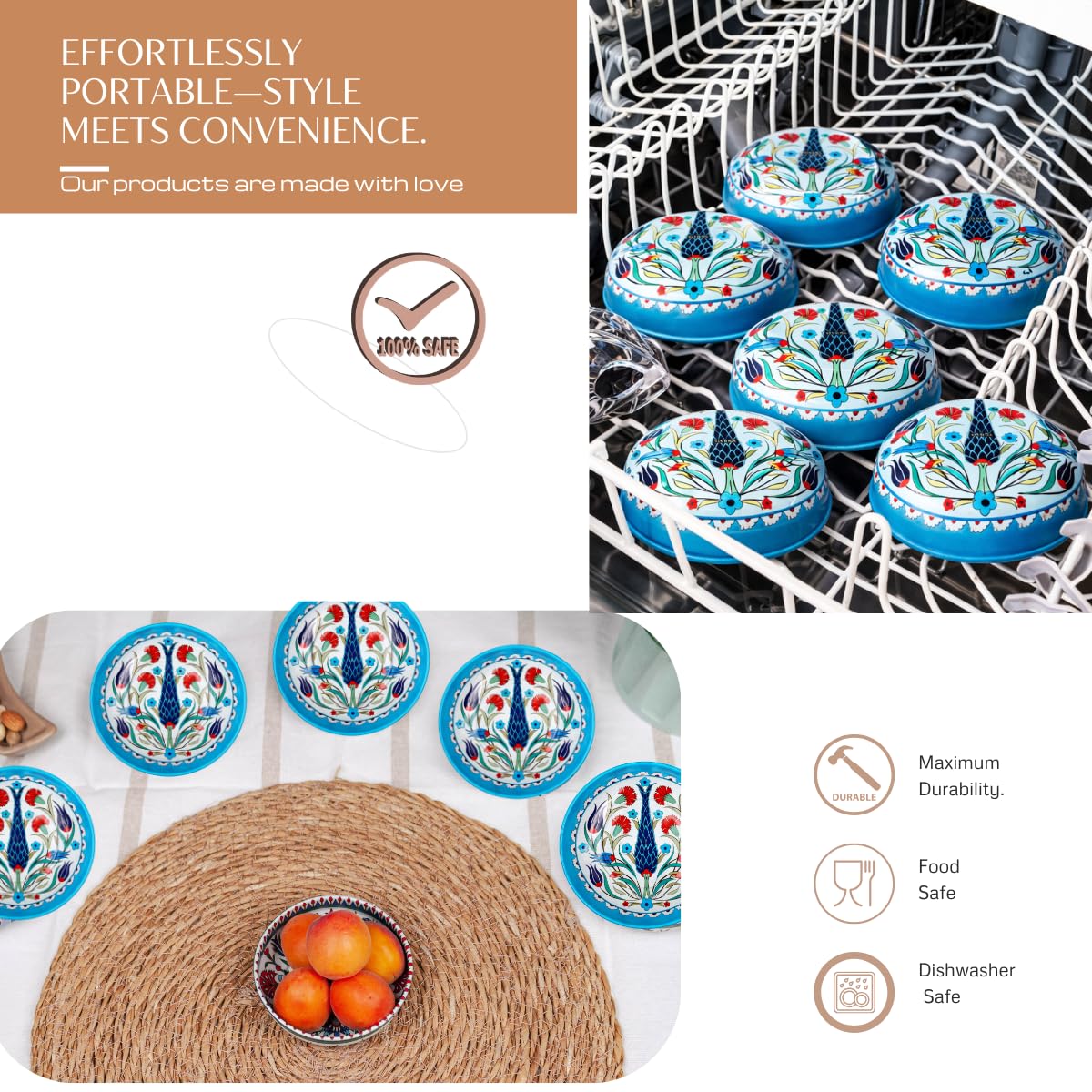 NOVAMEM 6 Pack Metal Snack Bowls – Lightweight & Durable – 3.74 - Inch Small Sauce Bowls - Mediterranean Design–Perfect for Charcuterie, Soy Sauce, Spices, Tapas, Picnics. (Floral Turquoise)