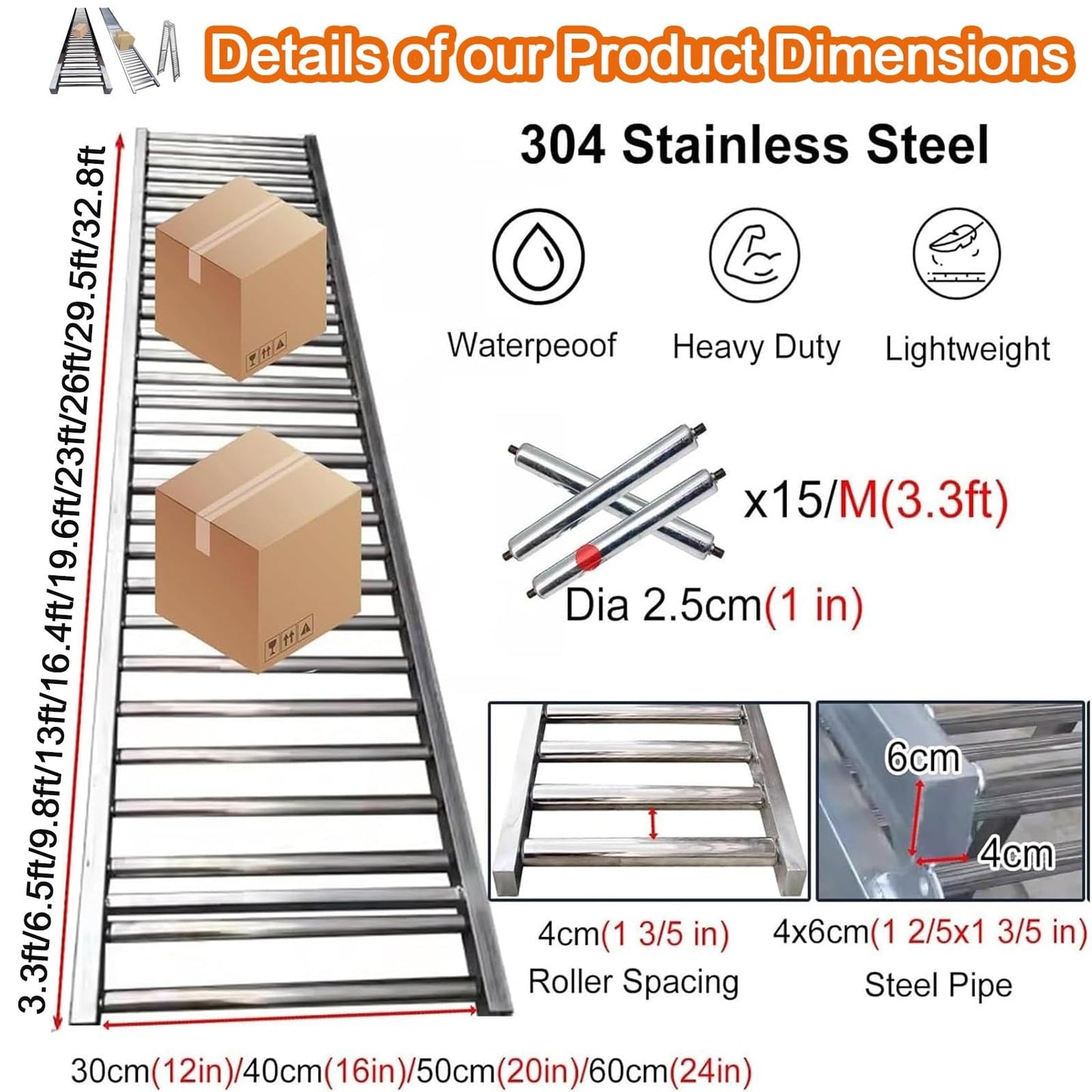 Heavy Duty Collapsible Conveyor Roller for Warehouse Unloading, Adjustable Height Stand, Gravity Conveyor Lengths 3.3-33ft, Width 16in (40cm) - Perfect for Efficient Material Handling