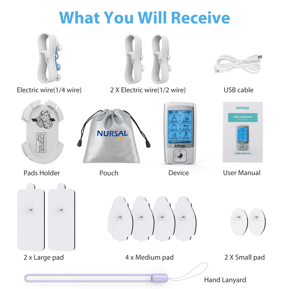 NURSAL 24 Modes TENS Unit Muscle Stimulator with Continuous Stimulation, Rechargeable Electronic Pulse Massager with 8 Pads for Back and Shoulder Pain Relief and Muscle Strength