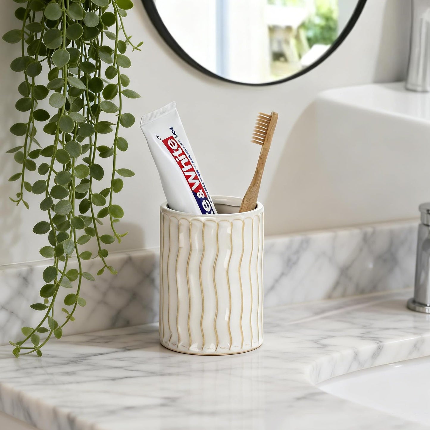 Ceramic Toothbrush Holder for Bathroom, White Tooth Brushing Holders, Bathroom Counter Organizer, Toothbrush Mouthwash Cup for Family