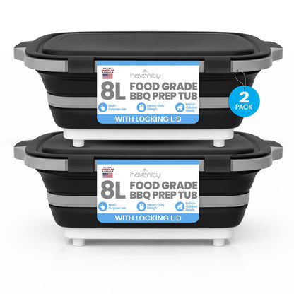 Havenity BBQ Prep Tub 2 Pack (8L+8L) - Multifunctional Collapsible Camping Cutting Board with Upgraded Locking lid, Meal Prep Meat Storage Container Perfect for Grilling, Outdoor Cooking (Large x 2)