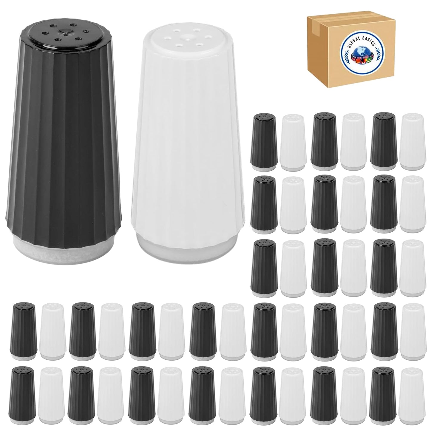 Disposable Salt and Pepper Shakers by Global Basics - Plastic Shaker Sets for Parties, Restaurants, Picnics, Cookouts - Prefilled Salt and Pepper Shakers with 4oz. Salt, 1.5oz. Pepper - 48-Pack