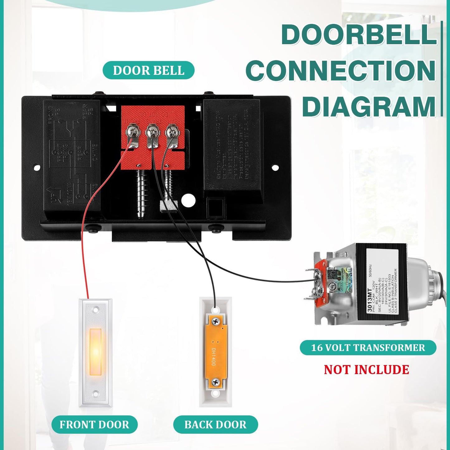 Saillong Wired Doorbell Chime with 2 Lighted Push Buttons, 16V 10VA Two Sounds Front and Rear Hardwire Door Bell Kit for Home Wall Inside, Compatible with Most Brand Doorbells(Black, White, Yellow)