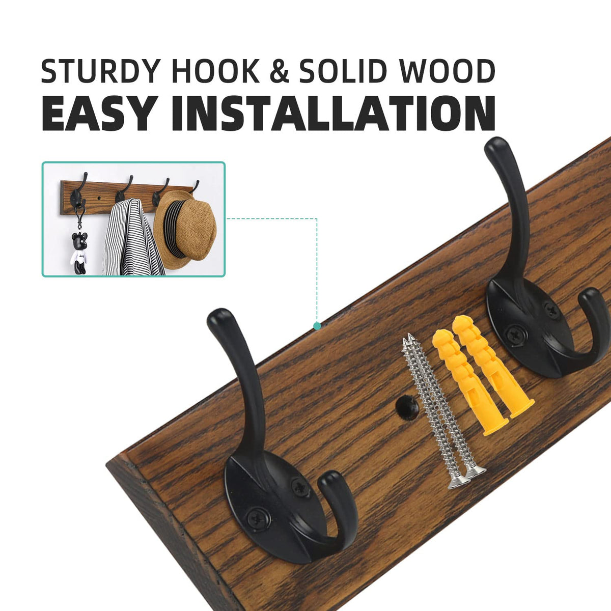 YTJG Coat Rack Wall Mounted, Wall Coat Rack with 4 Rustic Coat Hooks, 17” Entryway Ash Wood Coat Hanger Rail Hooks for Hanging Coats Hats, Perfect for Bedroom Bathroom Kitchen