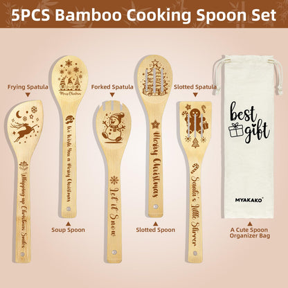 Christmas Cooking Spoons Set with Canvas Bag, 5Pcs Bamboo Non-Stick Cooking Utensils, Kitchen Accessories Housewarming Gift for Friend Women Men, Funny Thanksgiving Christmas Gift for Mom Dad