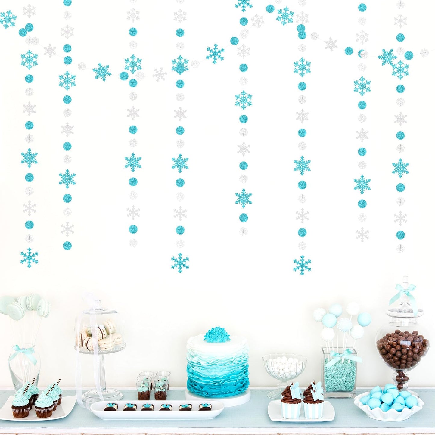 Snowflake-Snow Teal-Silver Christmas Party-Decoration Garland - 52Ft Turquoise White Winter Wonderland Frozen Hanging Paper Streamers,Birthday New Year Baby Shower Classroom Decor Lasting Surprise