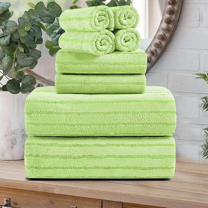 8 Pcs Grass Green Cabana Stripe Large Bath Towel Set