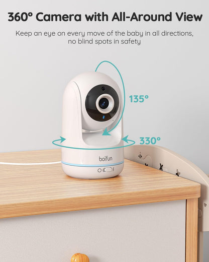 BOIFUN Video Baby Monitor with 2 Cameras, 5-inch 720P IPS Screen, Dual 360 Camera, No Wifi, 3050mAh Battery, VOX Mode, Invisible Night Vision, Two-way Audio, Temperature Sensor, Lullabies, Elder,Twins