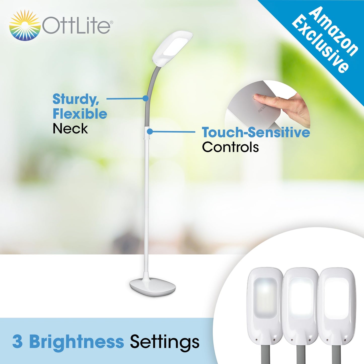 OttLite LED Floor Lamp Adjustable Height with ClearSun LED Technology - Touch Controls & 3 Brightness Settings, Natural Lighting - Craft Daylight Floor Lamp for Living Room, Bedroom, Dorms & Reading