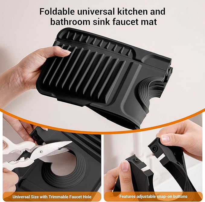 Faucet Mat for Kitchen Sink, Snap-On Design & 7°slope Fast Drain, Folding Sink