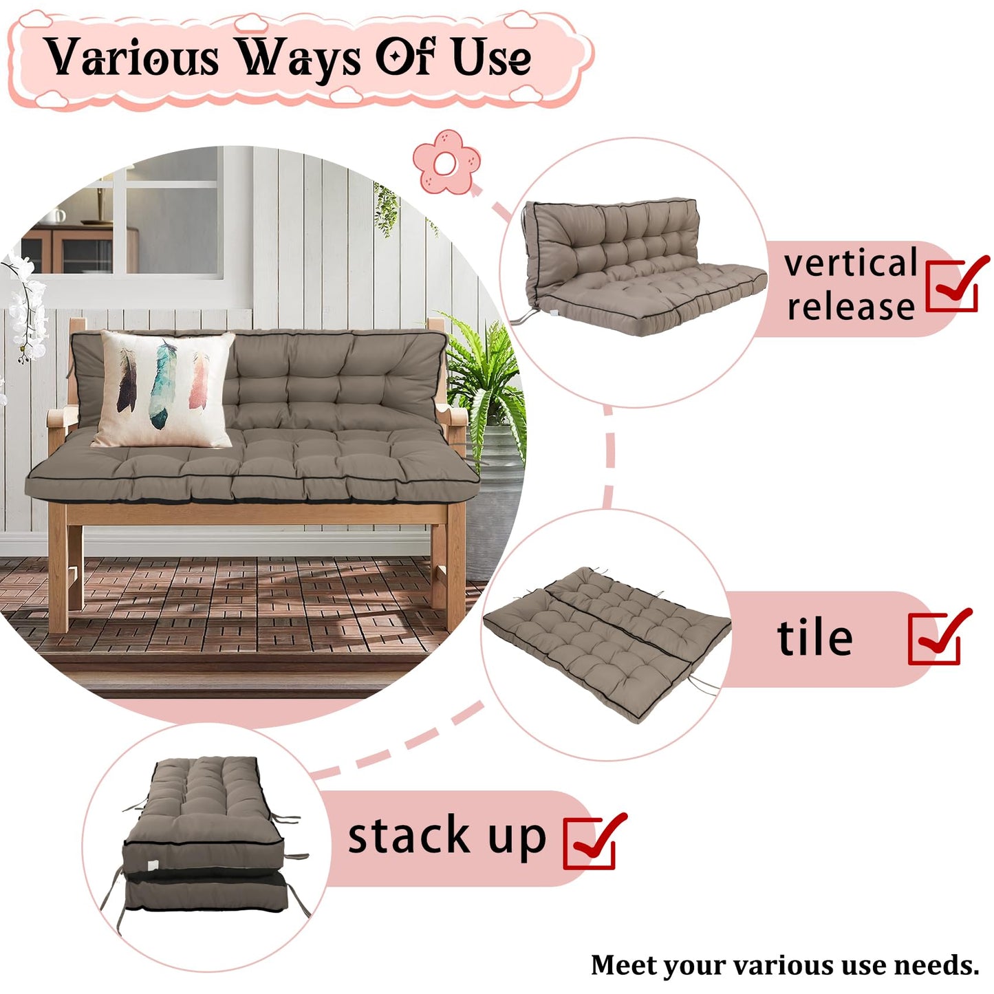 2-3 Seat Swing Replacement Cushion, Outdoor Bench Cushions with Backrest Thicken 4", Patio Furniture Garden Porch Loveseat Glider Pad Anti-Fading Waterproof (Khaki, 40x55in)