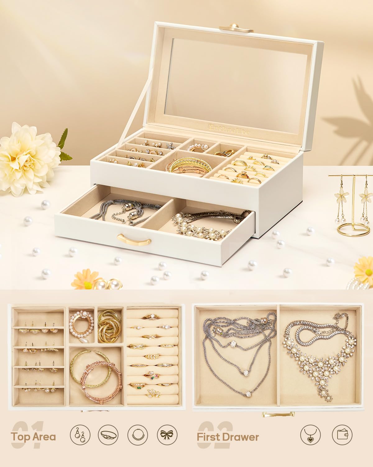 Enthralite Jewelry Box with 1 Drawers: Display Organizer for Earrings Necklaces - Christmas Gifts for Girls Women (White)