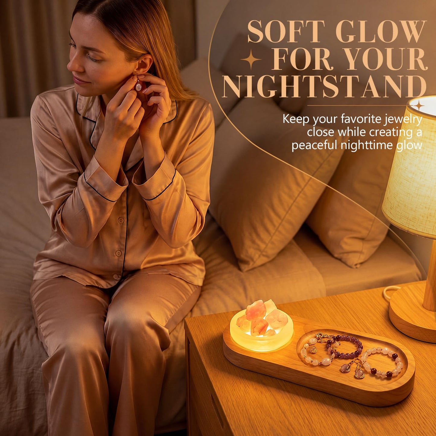 Hushee Light up Wood Jewelry Tray Crystal Holder Set of 3 - Selenite Charging Bowl & Natural Raw Rose Quartz Stone Aesthetic Room Decor for Jewelry Storage, Meditation, Ideal Gift for Women