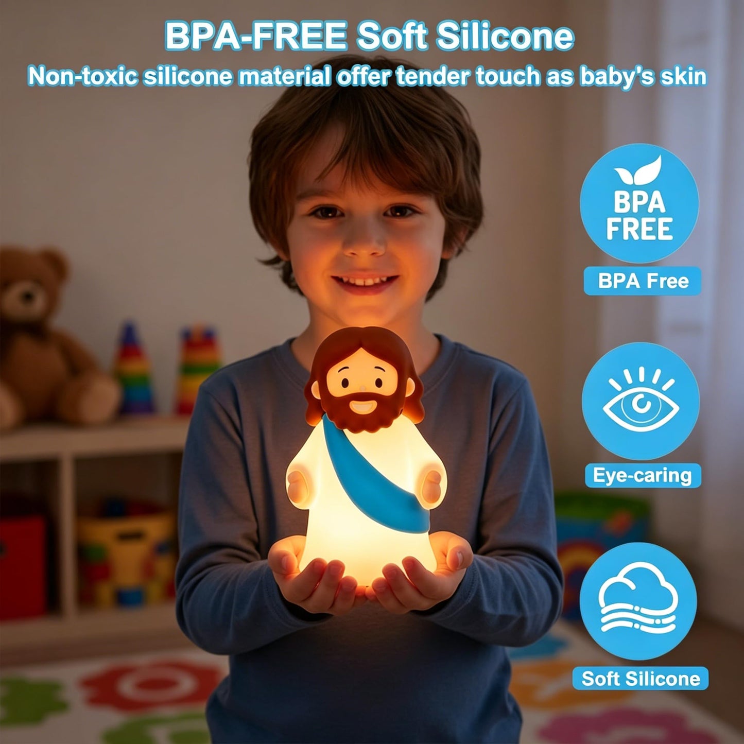 magical JD Little Jesus Night Light, Mini Silicone Jesus Lamp, Dimmable Rechargeable Touch Bedside Lamp for Nursery & Kids, Ideal Religious Gift for Christmas, Easter and Baptism (Blue)