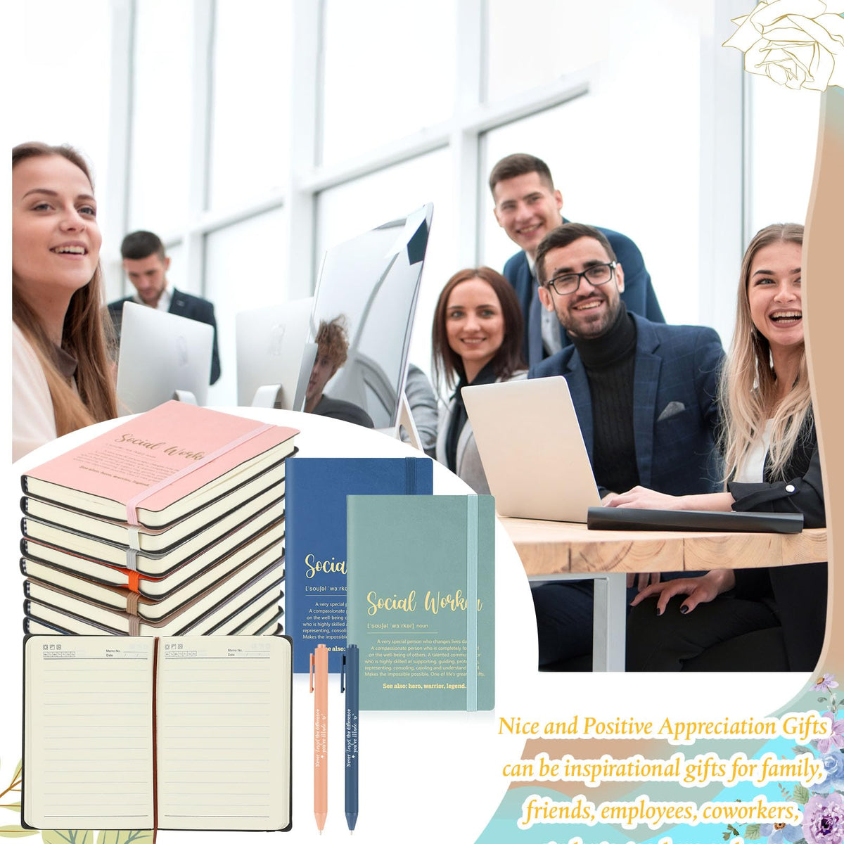 Supervitae 24 Set Social Worker Gifts Bulk, A6 Inspirational Notebooks with Ballpoint Pens, Employee Appreciation Thank You Gifts for Volunteers Coworkers Nurses Retirement(Fresh Color)